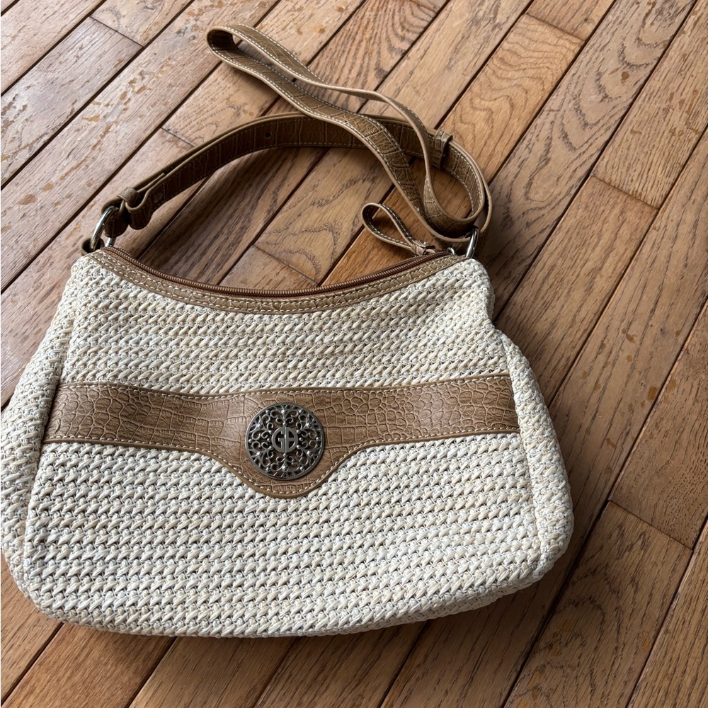 Woven Straw Shoulder Bag with Brown Trim